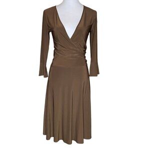 Modbe Chocolate Brown Surplice Wrap Dress Bell Sleeve Ruched Waist Stretchy Midi